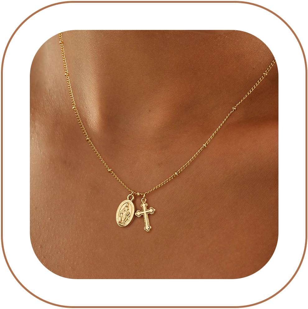 Rotnso Cross Necklace for Women 14K Gold Silver Plated Dainty Small Cross Pendant Choker Simple Trendy Cute Cross Charm Chain Necklace Easter Basket Stuffers Baptism Religious Faith Jewelry Gift
