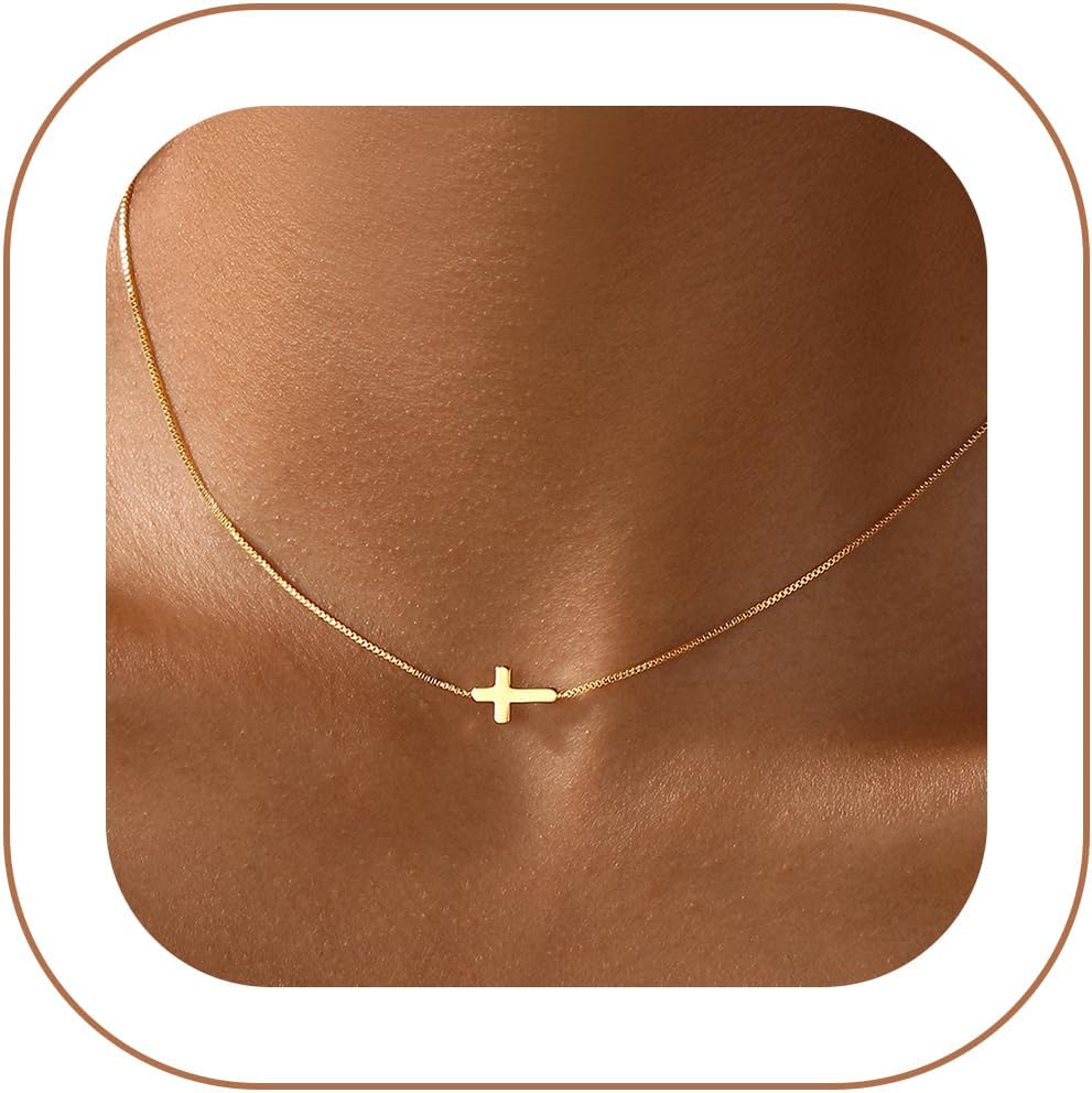 Rotnso Cross Necklace for Women 14K Gold Silver Plated Dainty Small Cross Pendant Choker Simple Trendy Cute Cross Charm Chain Necklace Easter Basket Stuffers Baptism Religious Faith Jewelry Gift