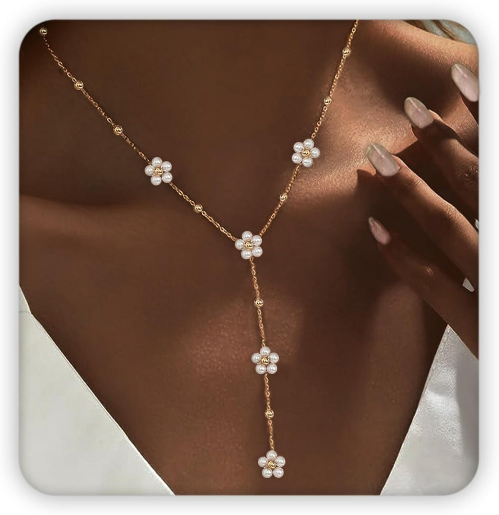 SmileBelle Pearl Necklaces, Daisy Pearls Choker for Women's Pearl Strand Necklaces as Silver and Gold Choker for Teens, Silver Daisy Birthday Gifts 3 Pearls White Necklace as Prom Bridesmaid gifts
