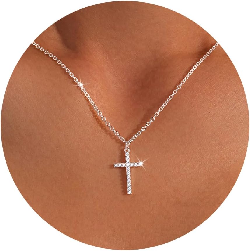 Poxtex Cross Necklace for Women Teen Girls, Dainty 14K Gold Silver Plated Cross Choker Jewelry Non Tarnish Waterproof Cute Simple Small Necklace Christian Baptism Religious Faith Jewelry Gifts