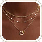 WomenGifts Layered Gold Necklaces for Women, 14K Gold Sterling Silver Plated Dainty Pendant Necklace Set Non Tarnish, Chunky Stackable Cuban Chain Choker, Trendy Birthstone Vacation Jewelry Gift