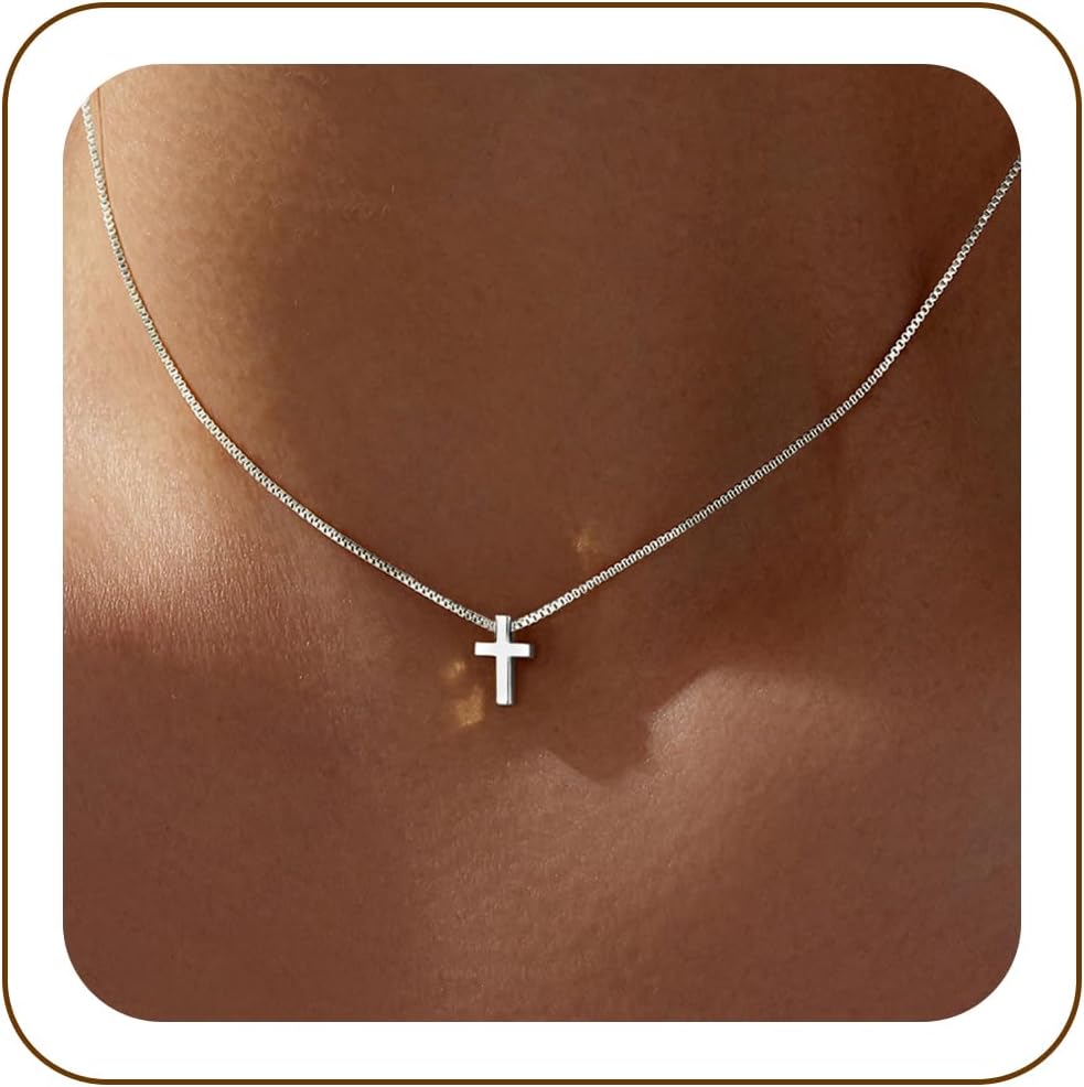 Poxtex Cross Necklace for Women Teen Girls, Dainty 14K Gold Silver Plated Cross Choker Jewelry Non Tarnish Waterproof Cute Simple Small Necklace Christian Baptism Religious Faith Jewelry Gifts