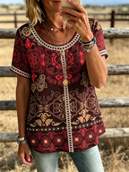 Mandala Print Trim Short Sleeve Western Casual Blouse