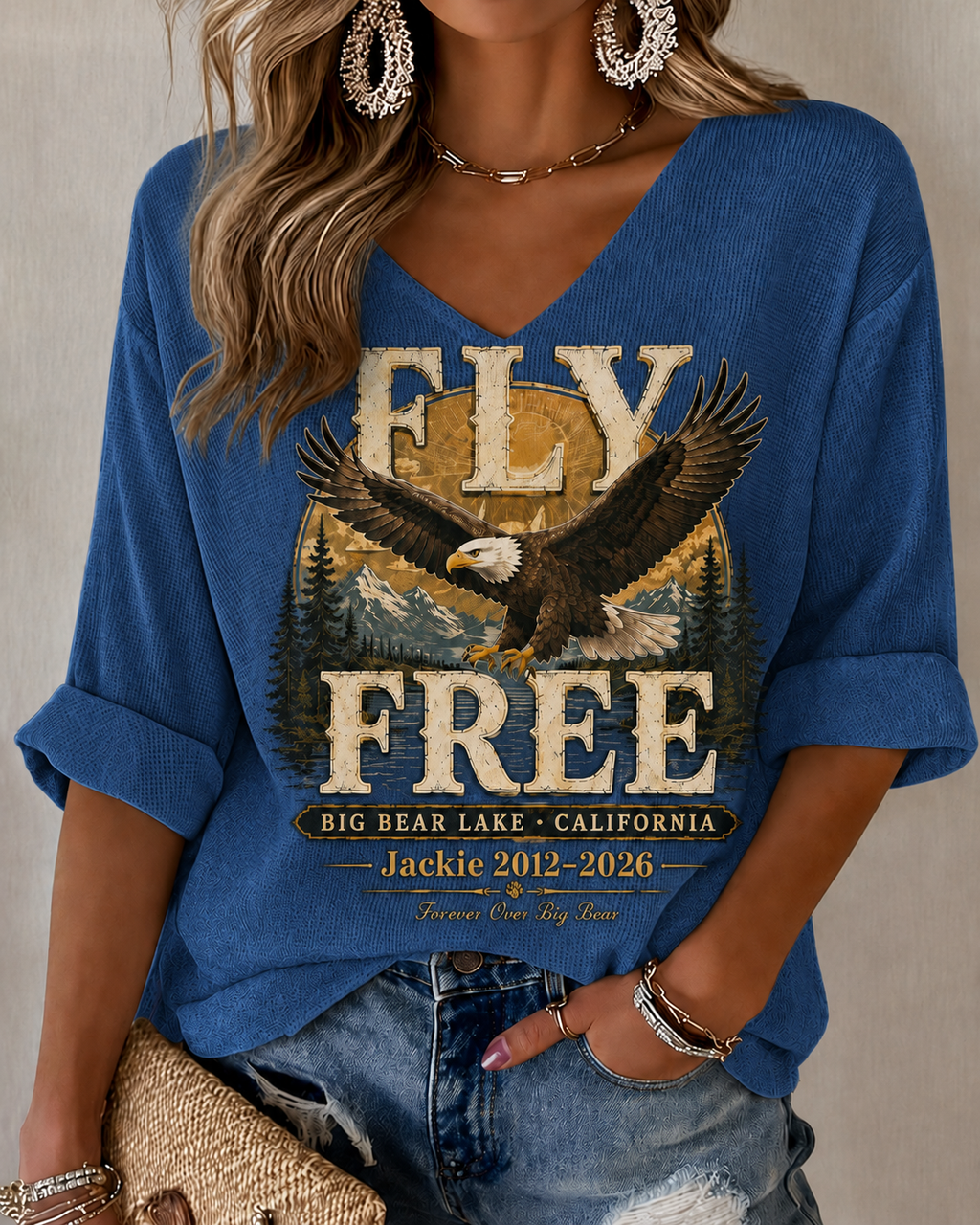 Women'S V-Neck Retro Forever Free Jackie Print T-Shirt