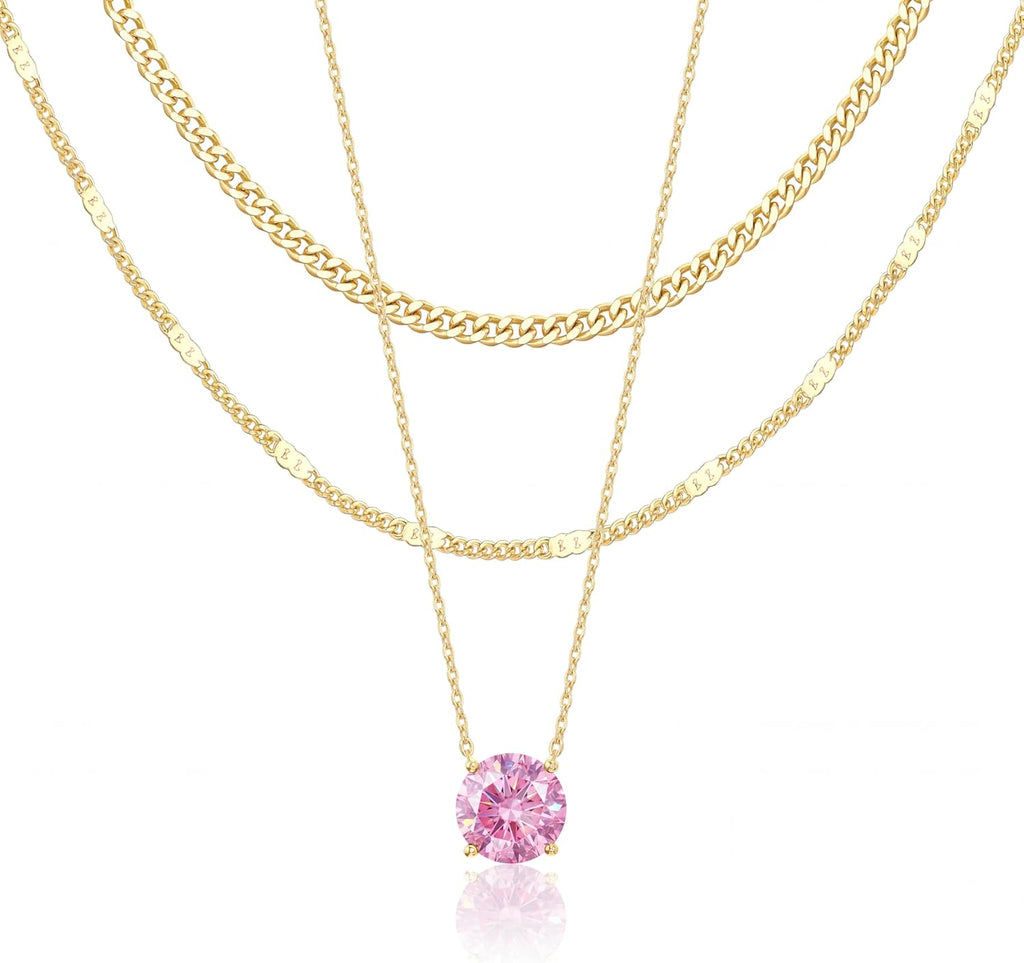 WomenGifts Layered Gold Necklaces for Women, 14K Gold Sterling Silver Plated Dainty Pendant Necklace Set Non Tarnish, Chunky Stackable Cuban Chain Choker, Trendy Birthstone Vacation Jewelry Gift