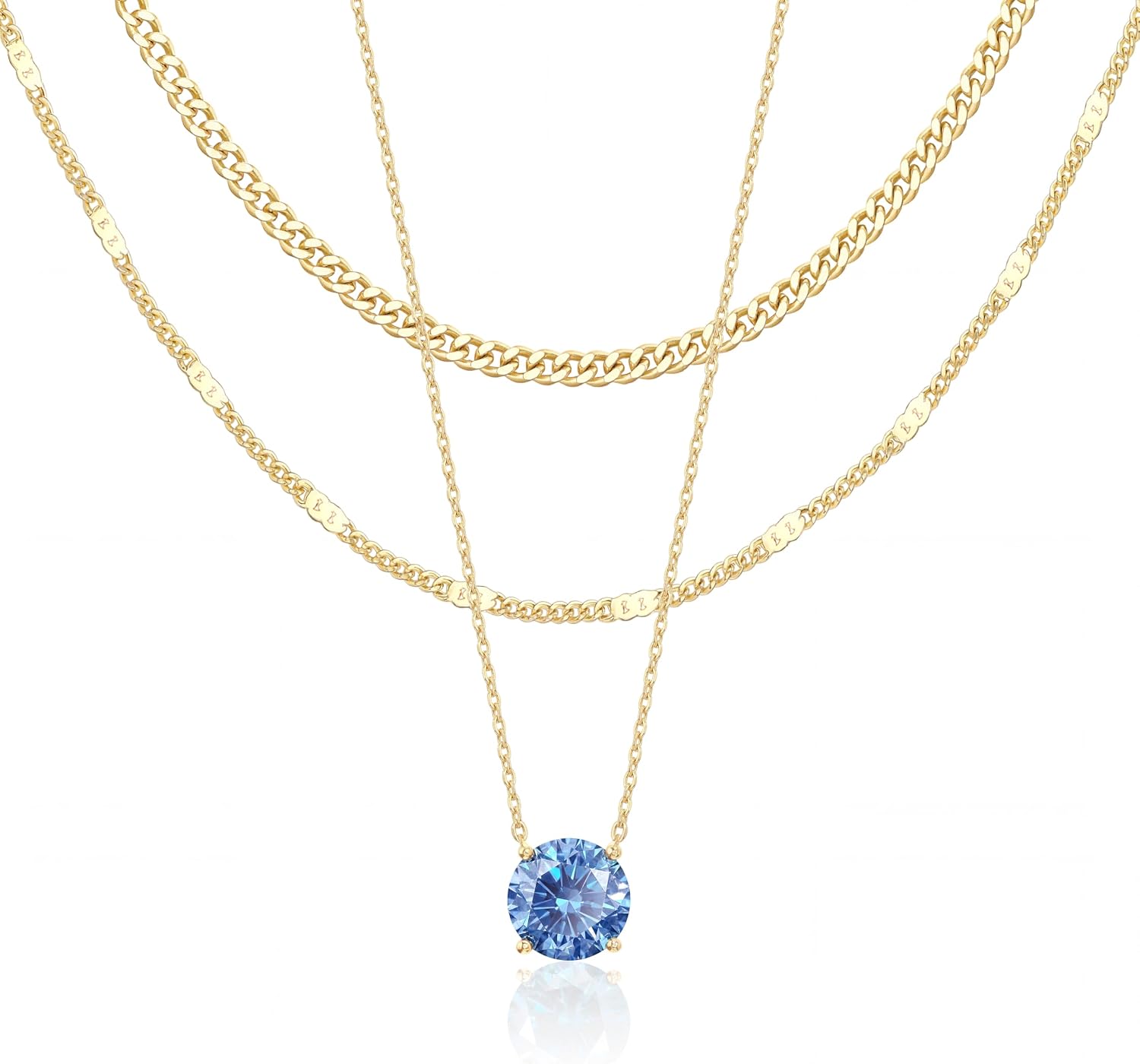 WomenGifts Layered Gold Necklaces for Women, 14K Gold Sterling Silver Plated Dainty Pendant Necklace Set Non Tarnish, Chunky Stackable Cuban Chain Choker, Trendy Birthstone Vacation Jewelry Gift
