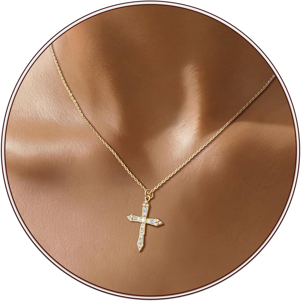 Partm Gold Cross Necklace for Women 14K Plated Dainty Pendant Cross Chain Faith Crucifix Choker Baptism Necklace for Women Trendy Religious Jewelry Hypoallergenic
