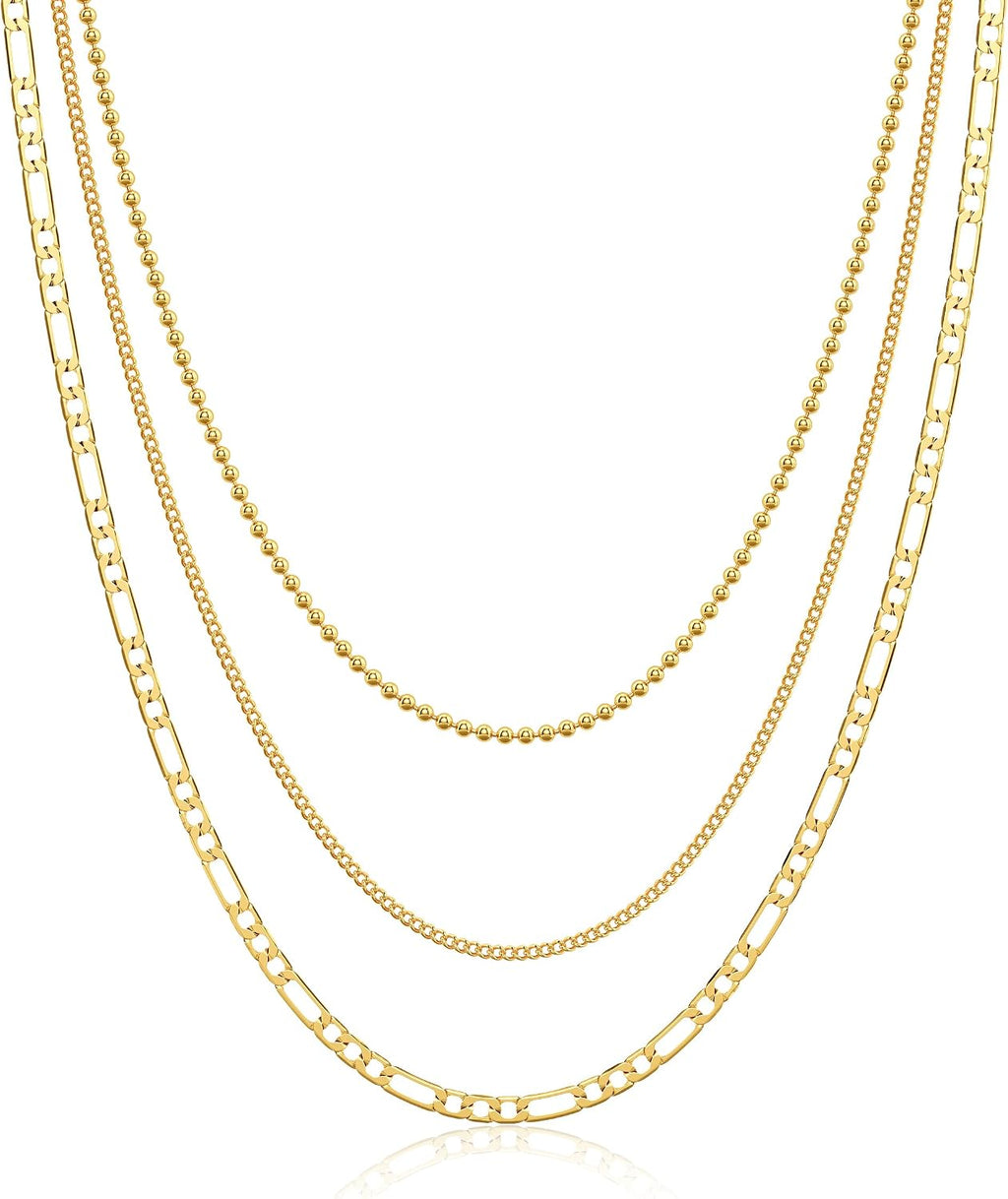 Tewiky Layered Necklaces for Women Non Tarnish- Chunky 14k Gold Plated Herringbone/Snake/Rope/Box/Cuban Link Chain for Women Waterproof Layering Stack Choker Necklace Trendy Dainty Tarnish Free Jewelry Set
