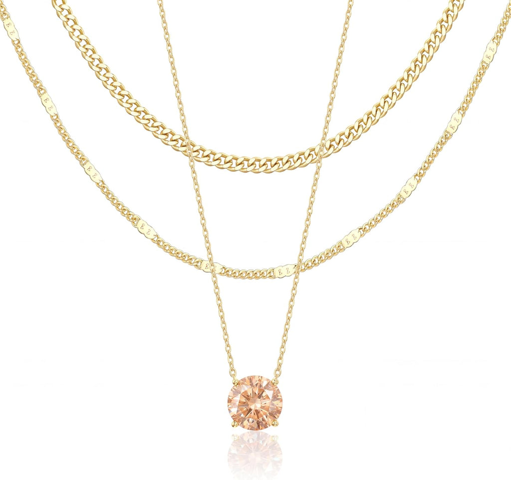 WomenGifts Layered Gold Necklaces for Women, 14K Gold Sterling Silver Plated Dainty Pendant Necklace Set Non Tarnish, Chunky Stackable Cuban Chain Choker, Trendy Birthstone Vacation Jewelry Gift