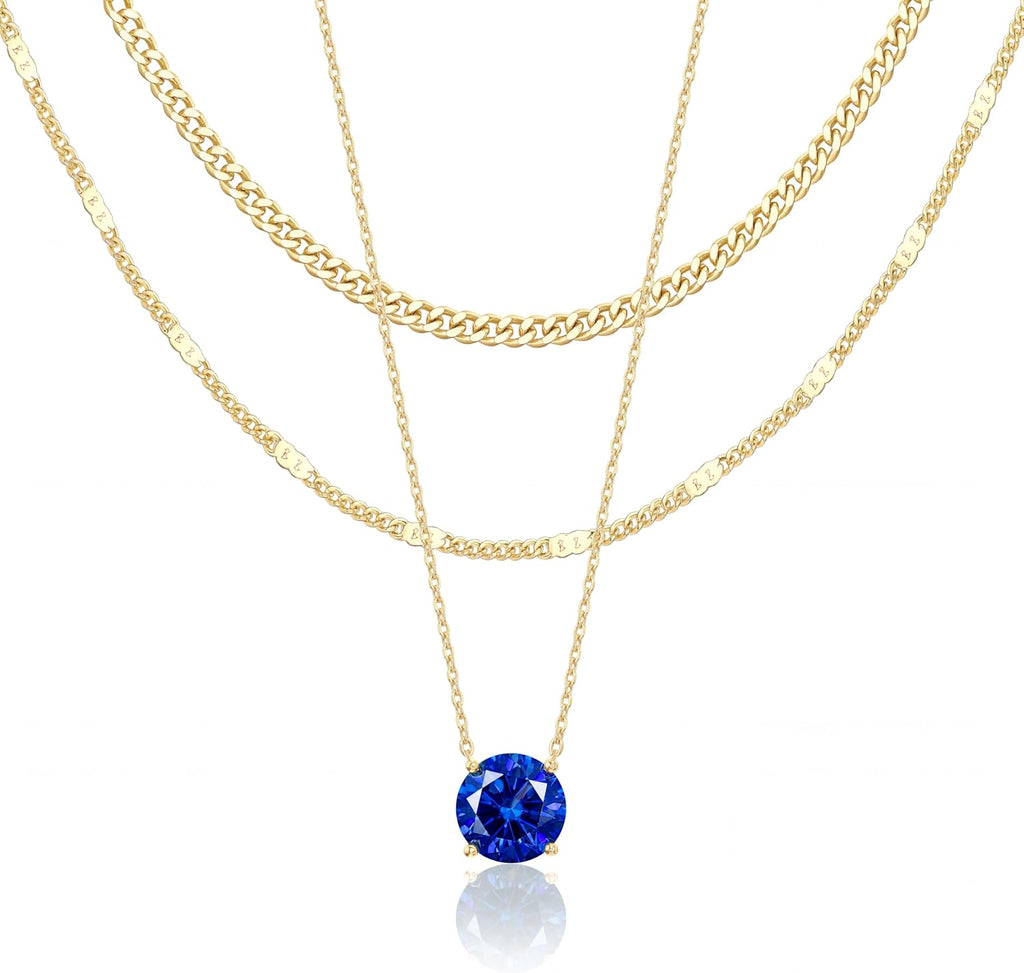 WomenGifts Layered Gold Necklaces for Women, 14K Gold Sterling Silver Plated Dainty Pendant Necklace Set Non Tarnish, Chunky Stackable Cuban Chain Choker, Trendy Birthstone Vacation Jewelry Gift