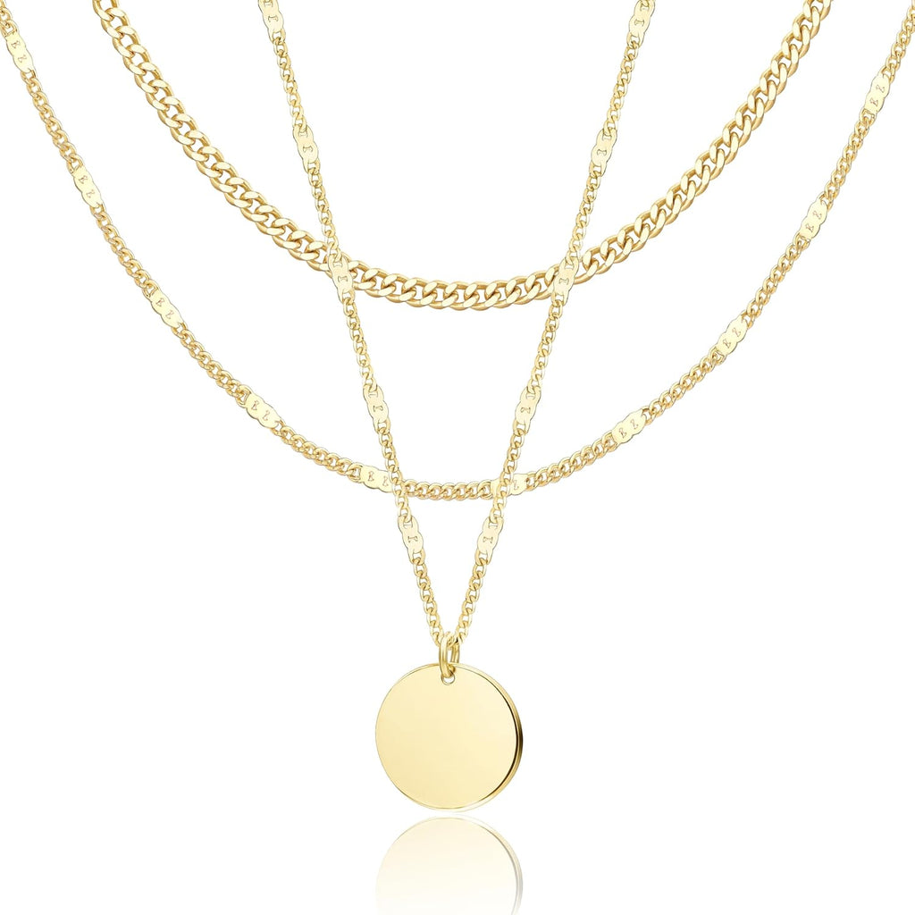 WomenGifts Layered Gold Necklaces for Women, 14K Gold Sterling Silver Plated Dainty Pendant Necklace Set Non Tarnish, Chunky Stackable Cuban Chain Choker, Trendy Birthstone Vacation Jewelry Gift