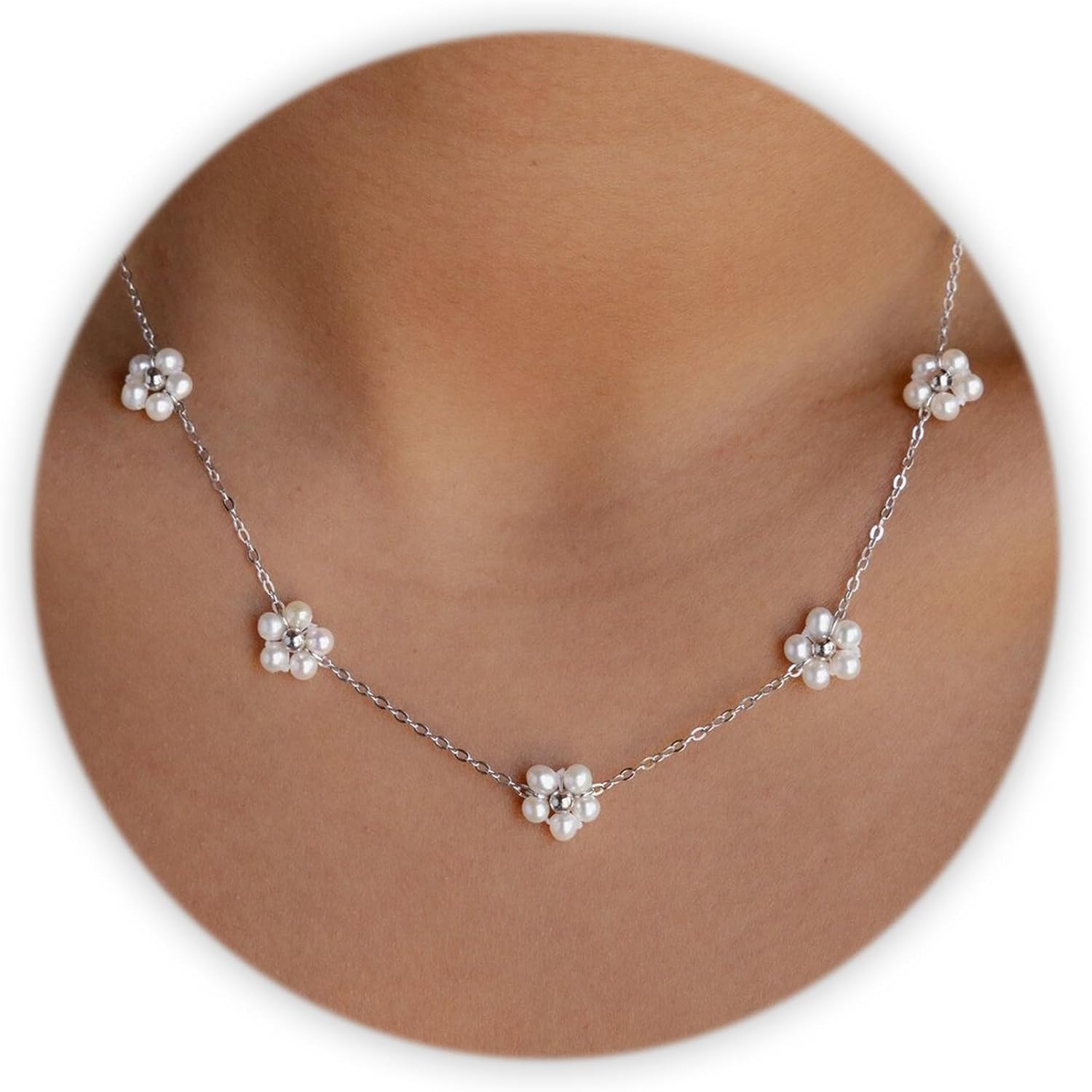 SmileBelle Pearl Necklaces, Daisy Pearls Choker for Women's Pearl Strand Necklaces as Silver and Gold Choker for Teens, Silver Daisy Birthday Gifts 3 Pearls White Necklace as Prom Bridesmaid gifts