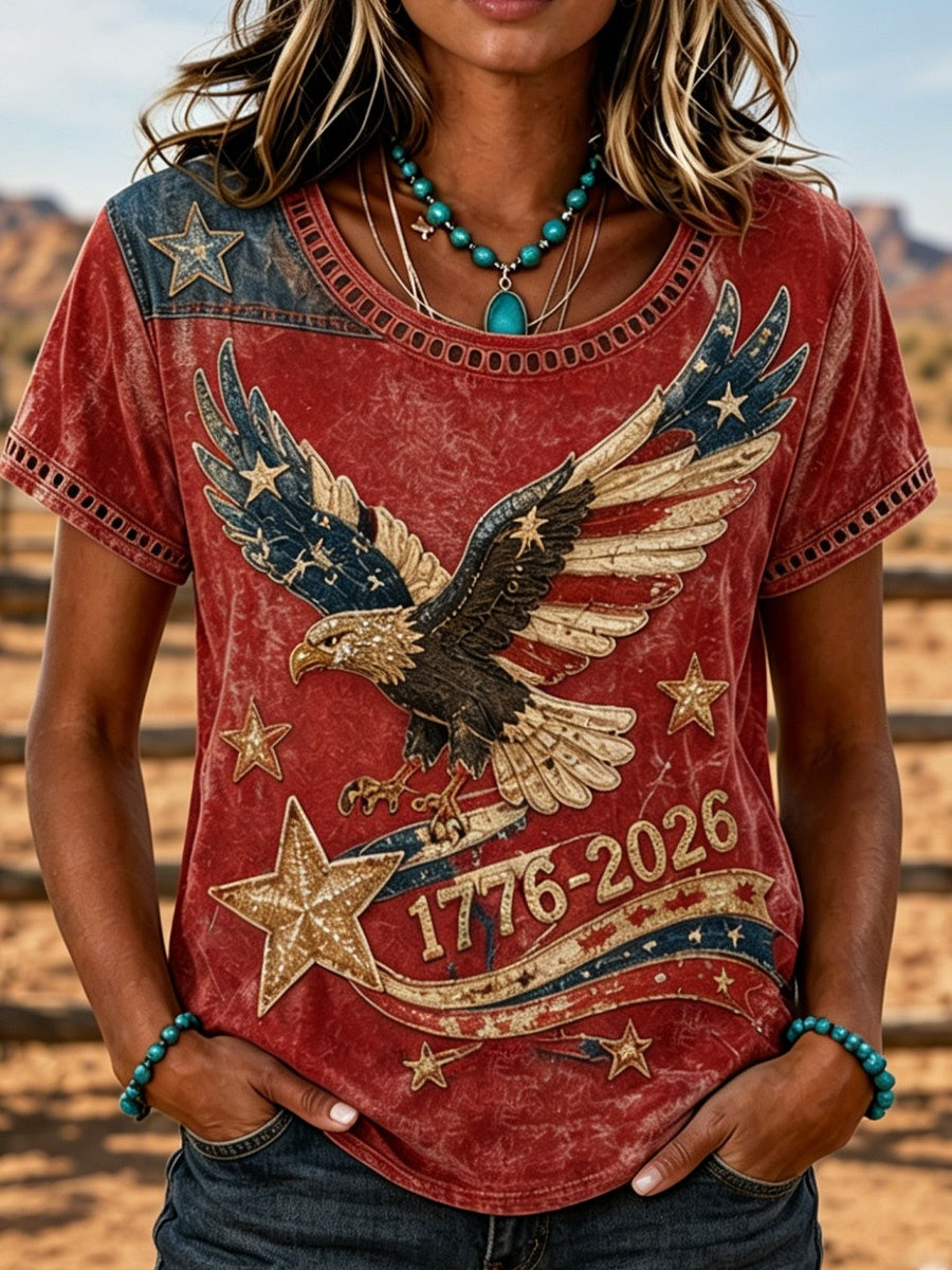 Women'S Casual Western-Style Eagle Print Hollow T-Shirt