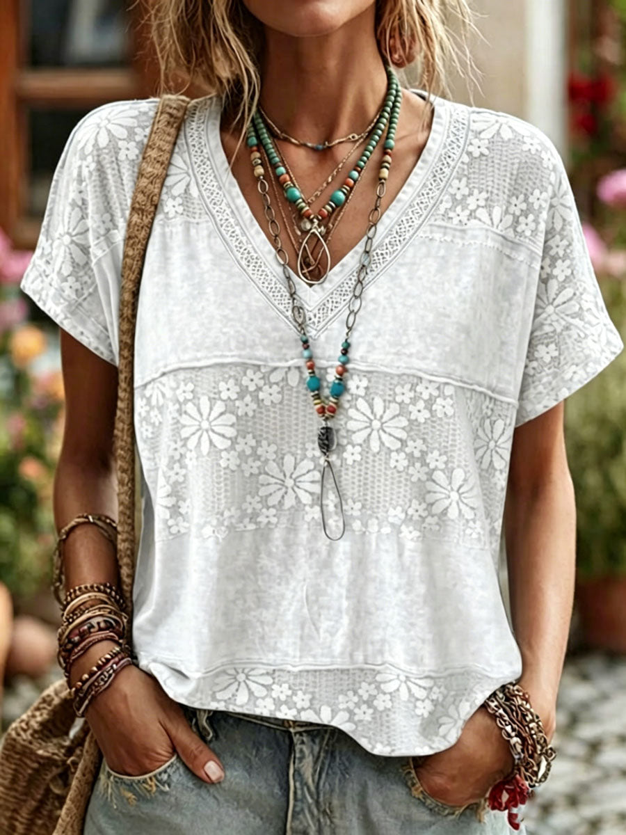 Women'S Casual Short-Sleeve  Floral  Print Cotton-Linen Top