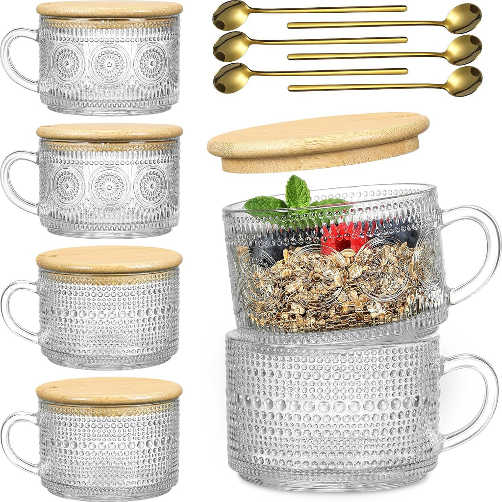 LANDNEOO 4pcs Set Vintage Coffee Mugs gifts for women, Overnight Oats Containers with Bamboo Lids and Spoons - 14oz Clear Embossed Glass Cups, Cute Coffee Bar Accessories, Iced Coffee Glasses