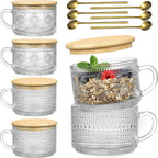 LANDNEOO 4pcs Set Vintage Coffee Mugs gifts for women, Overnight Oats Containers with Bamboo Lids and Spoons - 14oz Clear Embossed Glass Cups, Cute Coffee Bar Accessories, Iced Coffee Glasses