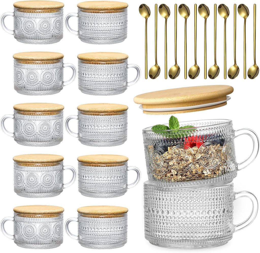 LANDNEOO 4pcs Set Vintage Coffee Mugs gifts for women, Overnight Oats Containers with Bamboo Lids and Spoons - 14oz Clear Embossed Glass Cups, Cute Coffee Bar Accessories, Iced Coffee Glasses