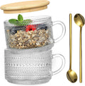 LANDNEOO 4pcs Set Vintage Coffee Mugs gifts for women, Overnight Oats Containers with Bamboo Lids and Spoons - 14oz Clear Embossed Glass Cups, Cute Coffee Bar Accessories, Iced Coffee Glasses