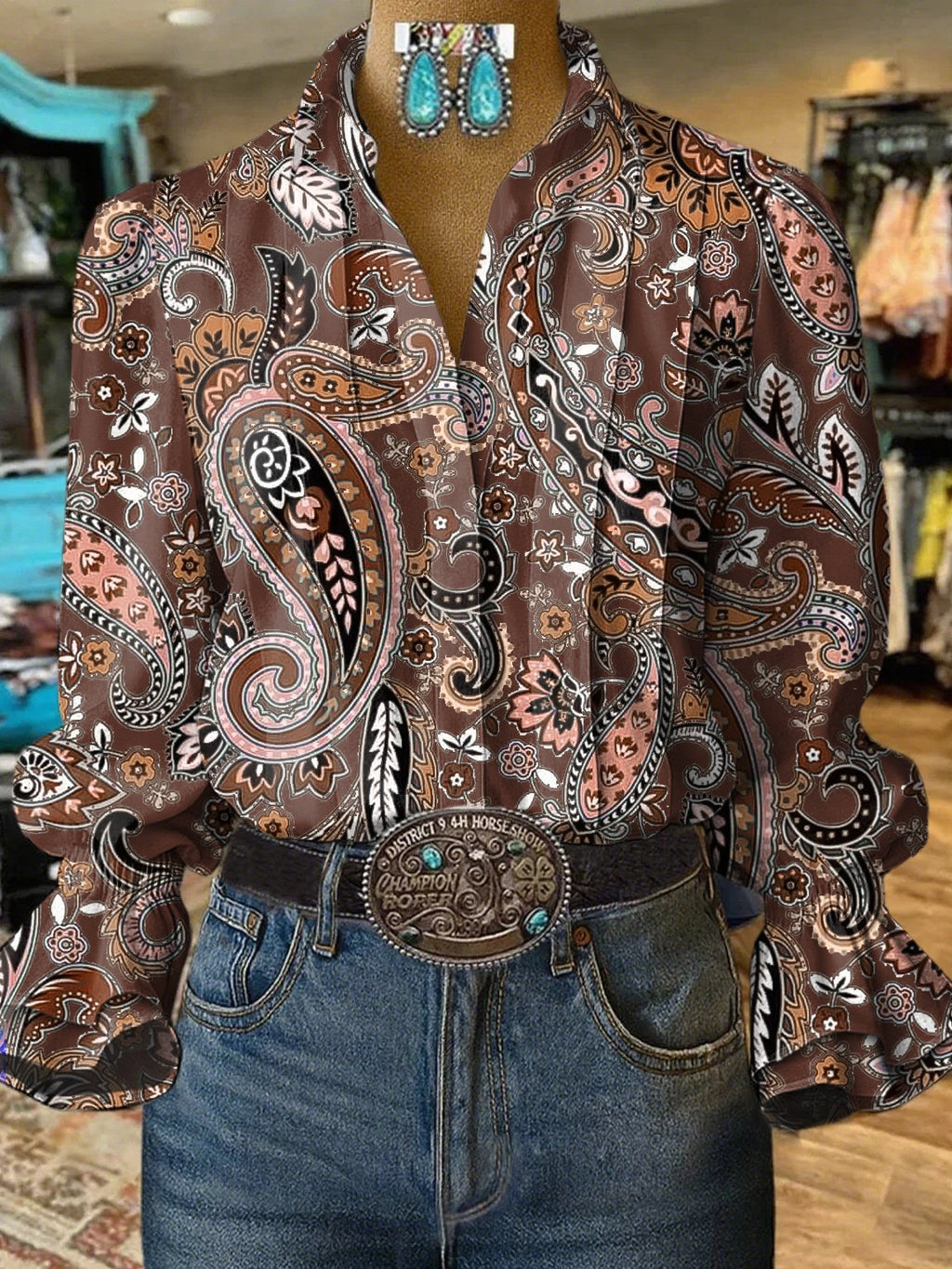 Women's Casual Western Puff Sleeve Patterned Shirt