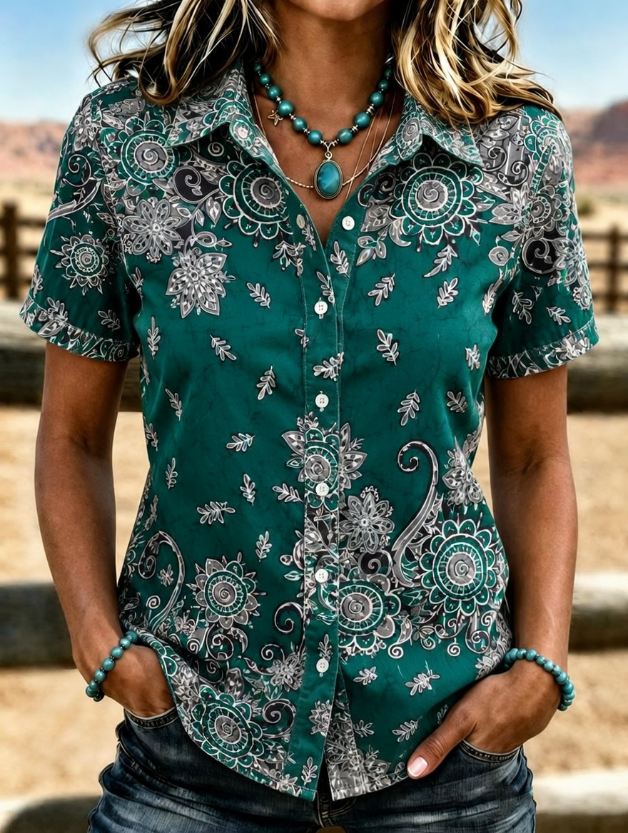 Women's Western Vintage Ethnic Floral Print Lapel Short Sleeve Button Down Shirt
