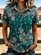 Women's Western Vintage Ethnic Floral Print Lapel Short Sleeve Button Down Shirt