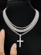 Zircon Inlaid Cross Pendant & Cuban Chain Necklace