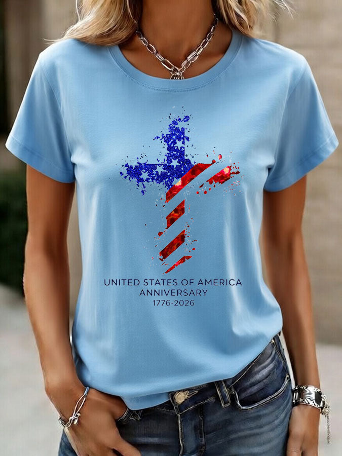 Women'S American Independence Day 250Th Anniversary Printed Round Neck Short Sleeve T-Shirt