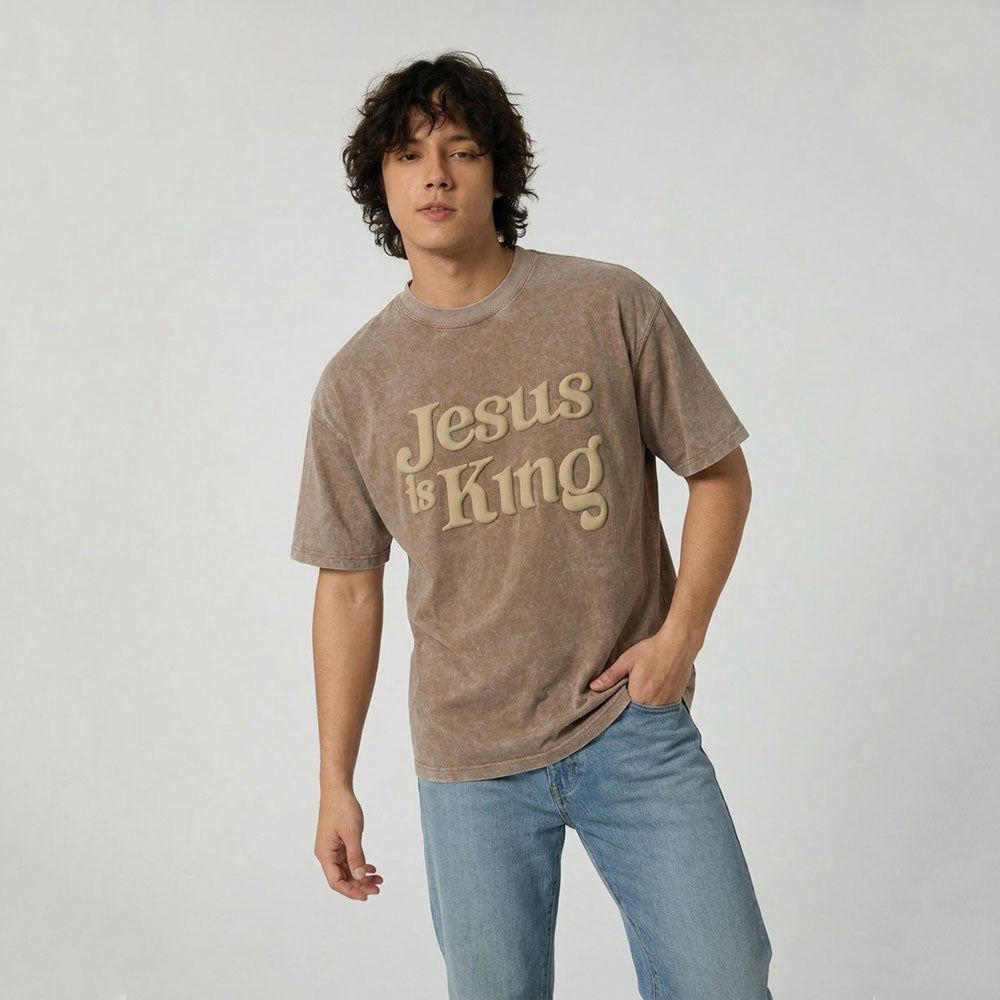 Jesus Is King Christian Puff Printed Washed T-Shirt