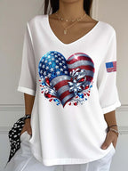Women'S Casual American Flag Independence Day Print V-Neck Half Sleeved T-Shirt