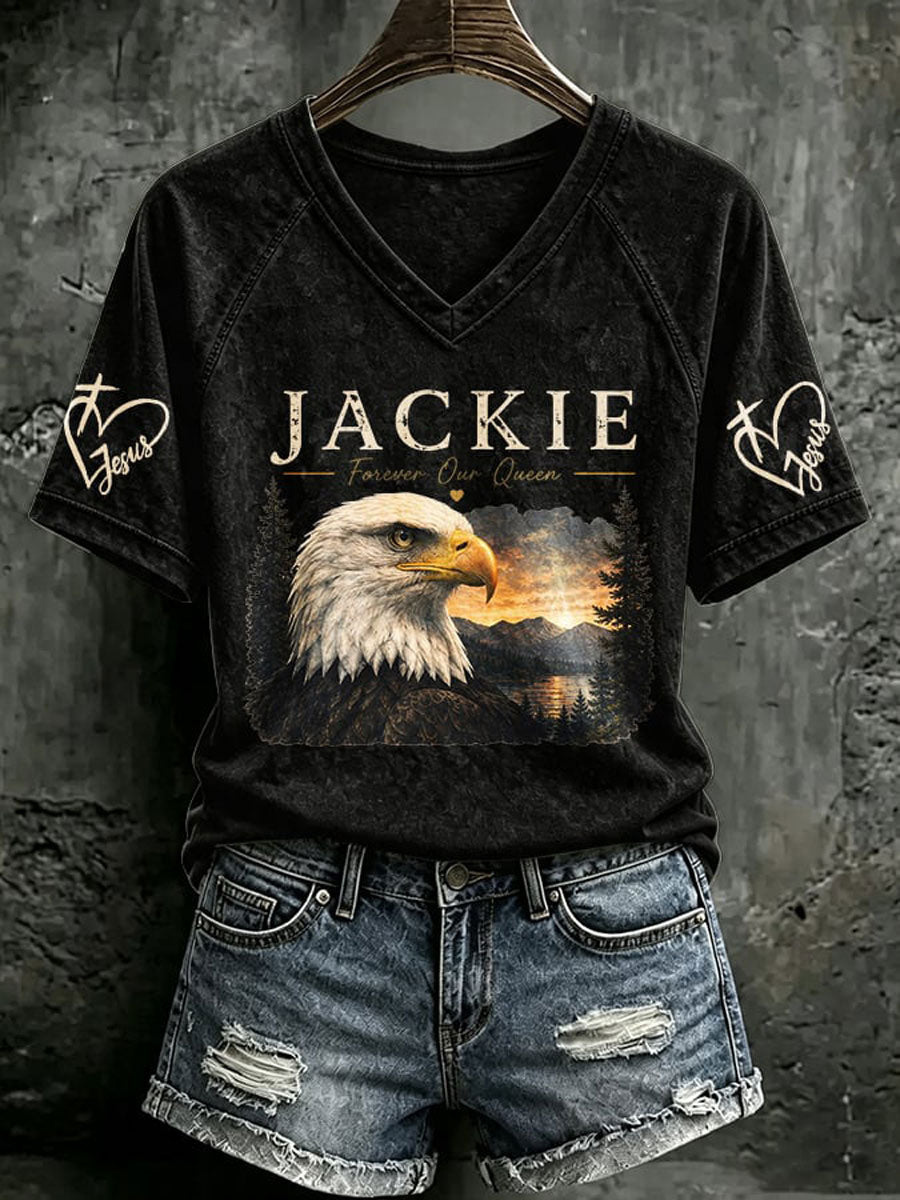 V Neck Retro Jackie Forever Our Queen Print T-Shirt