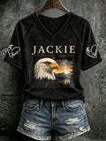 V Neck Retro Jackie Forever Our Queen Print T-Shirt