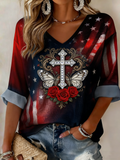 Women's American Faith Cross Rose Printed Texture T-shirt