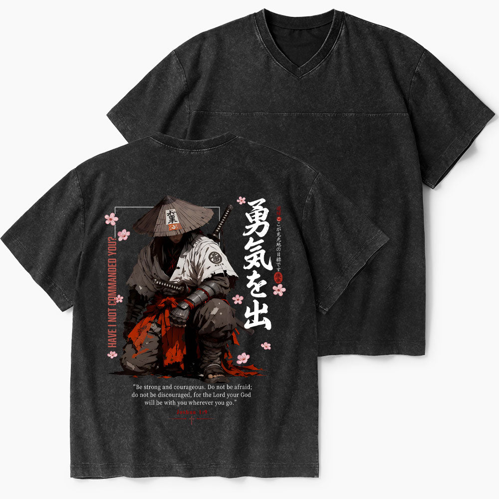 Be Strong And Courageous Christian Washed V-Neck T-Shirt