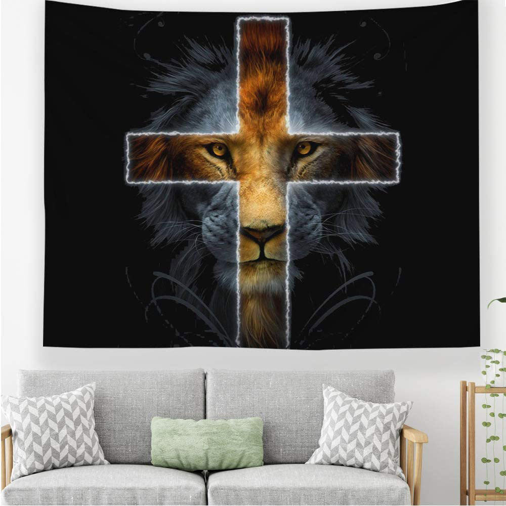 Black and Gold African Leo Lion King with Cross Tapestry