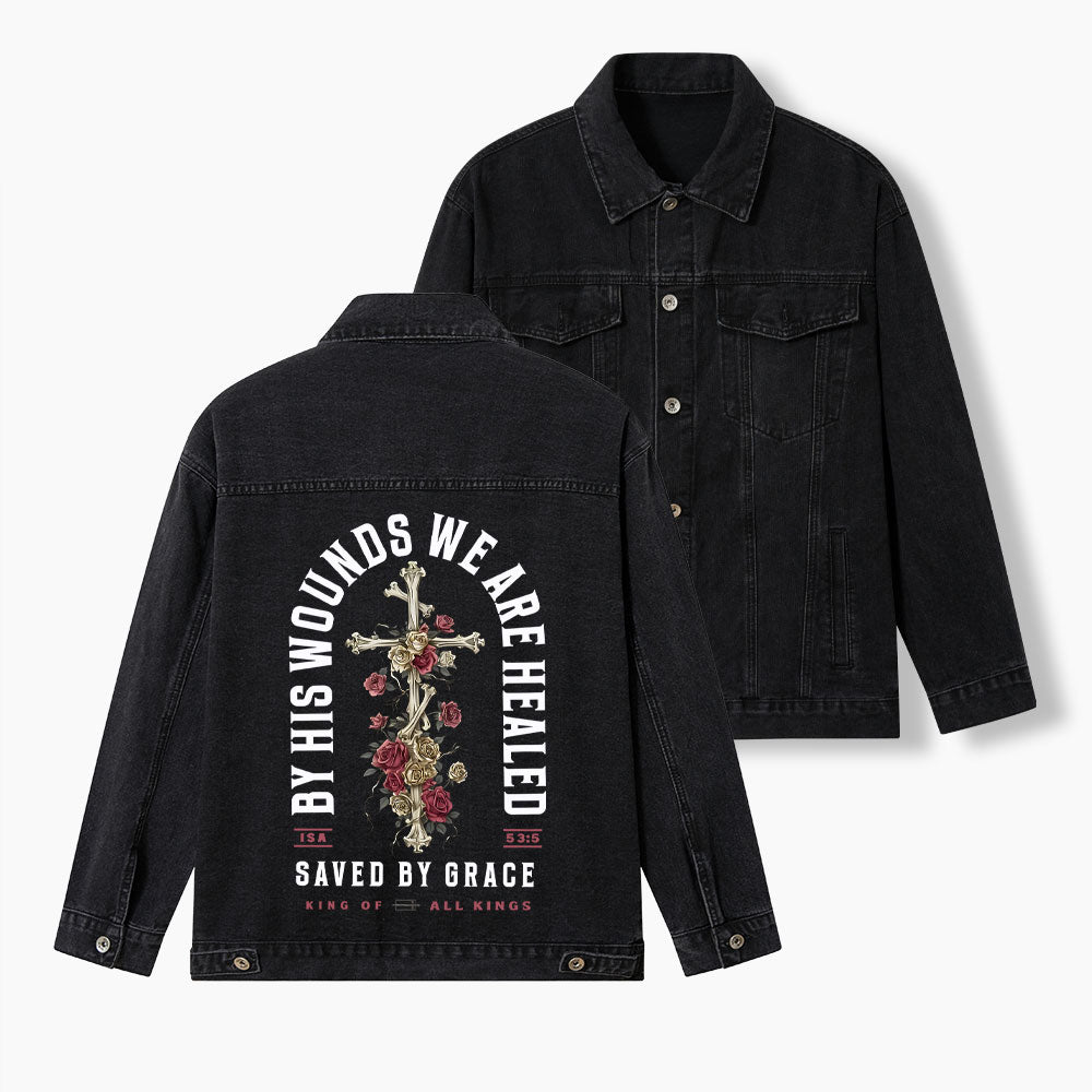By His Wounds We Are Healed Christian Denim Jacket