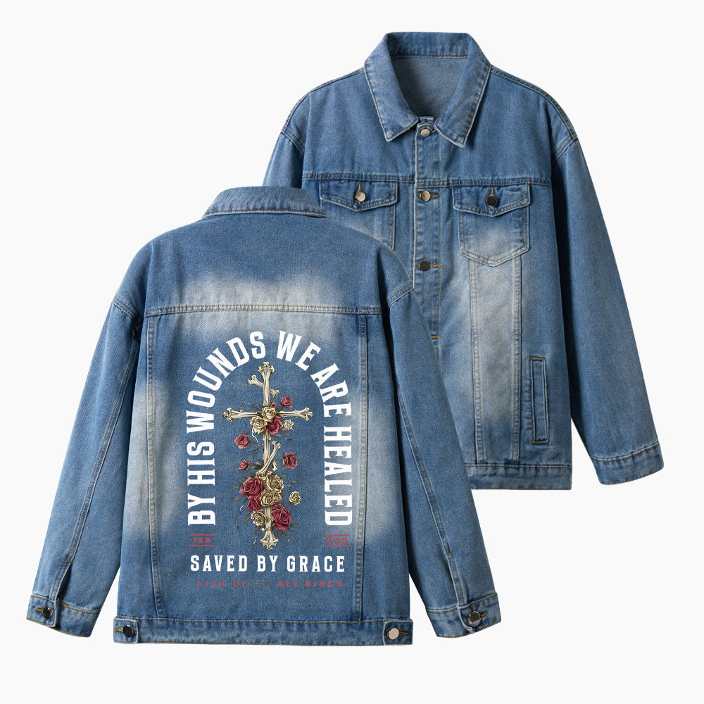 By His Wounds We Are Healed Christian Denim Jacket