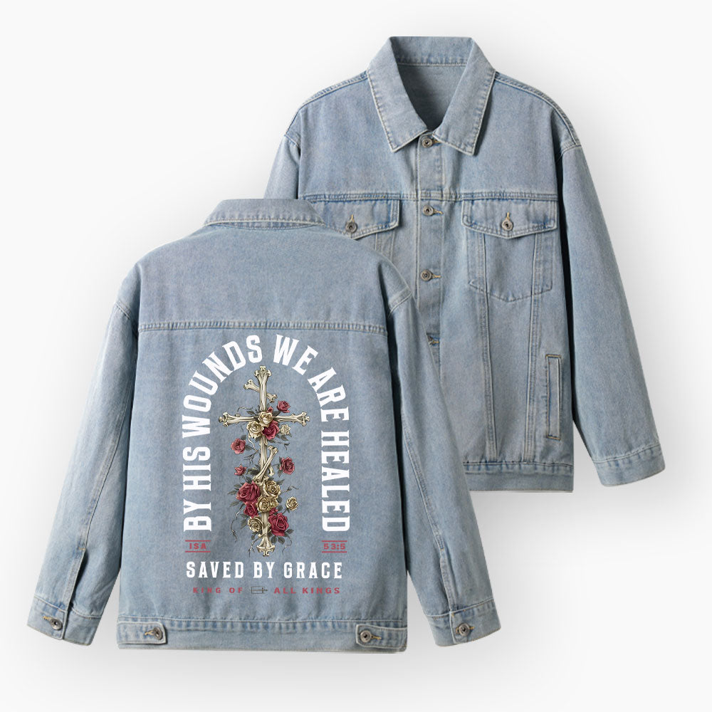 By His Wounds We Are Healed Christian Denim Jacket