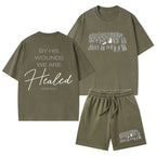 By His Wounds We Are Healed Christian Washed T-Shirt & Shorts