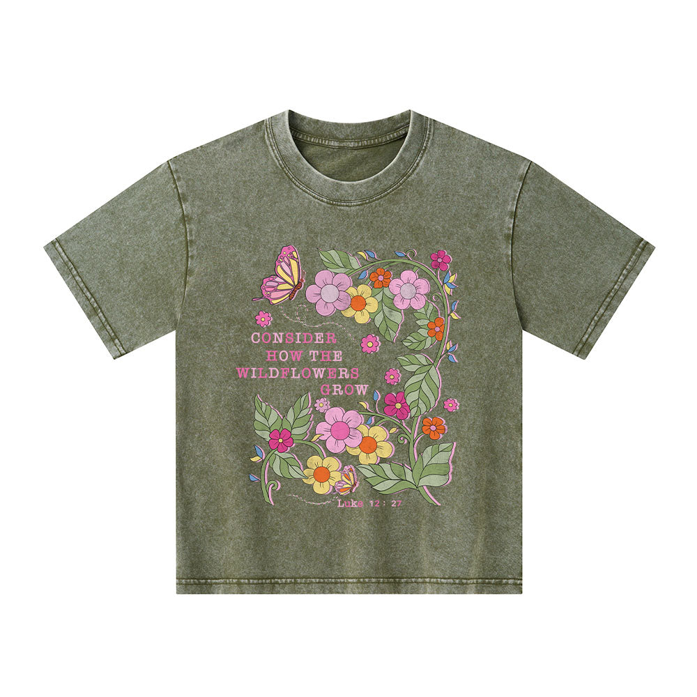 Consider How The Wildflowers Grow Christian Kid Washed T-Shirt