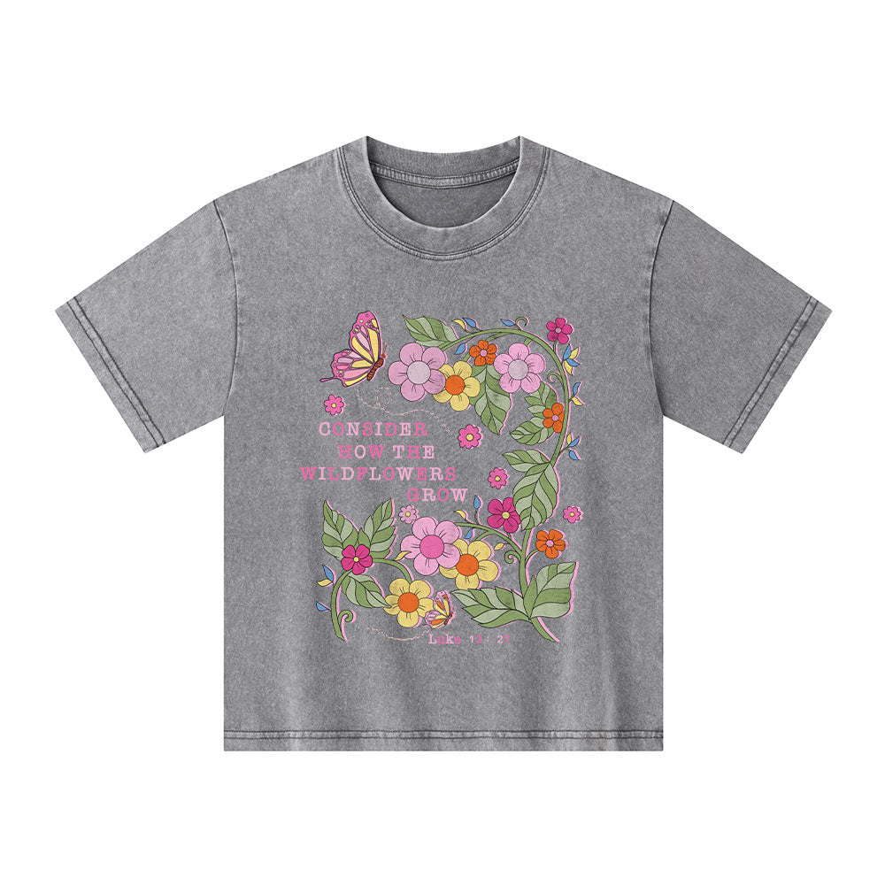Consider How The Wildflowers Grow Christian Kid Washed T-Shirt