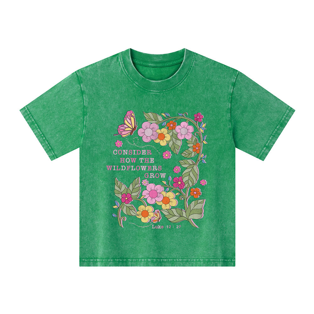 Consider How The Wildflowers Grow Christian Kid Washed T-Shirt