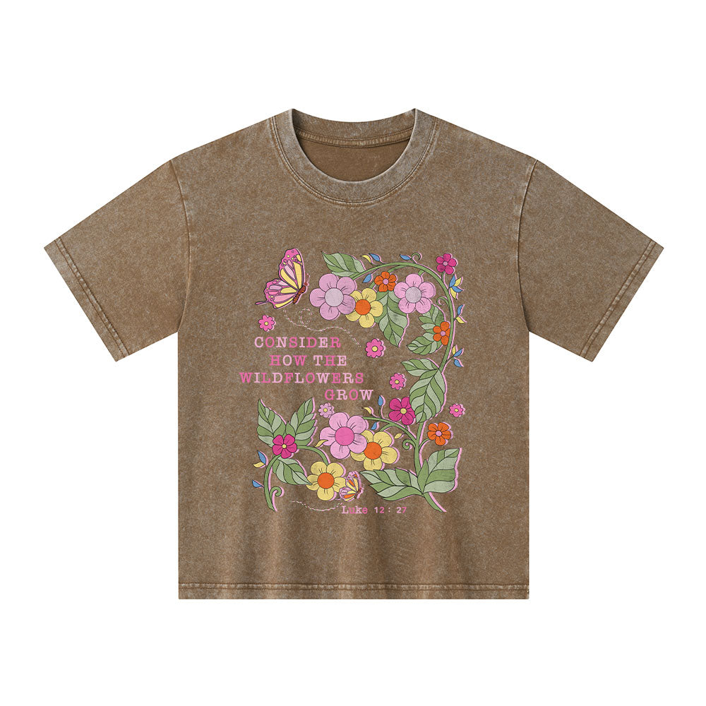Consider How The Wildflowers Grow Christian Kid Washed T-Shirt