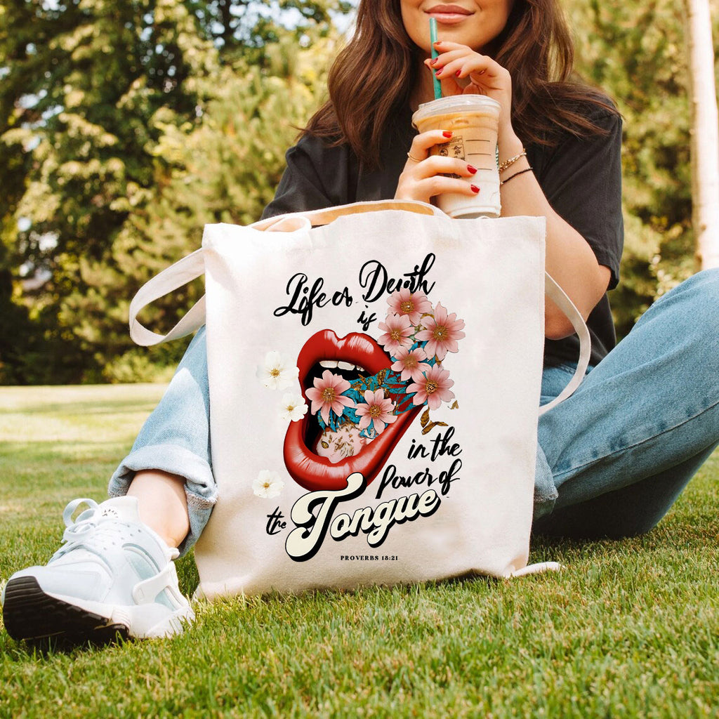 Death And Life Is In The Power Of The Tongue Christian Canvas Tote Bag