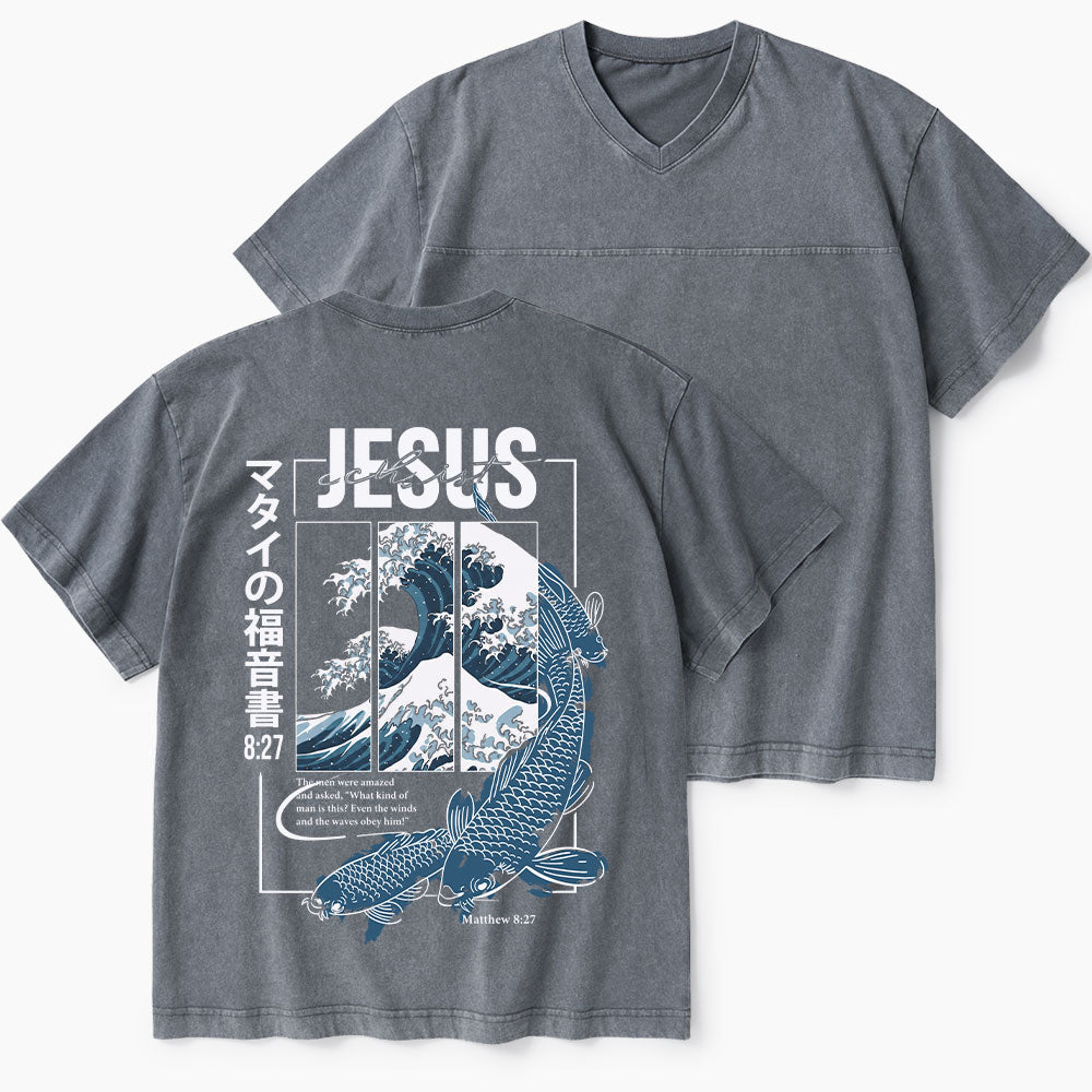 Even The Winds And The Waves Obey Him Christian Washed V-Neck T-Shirt