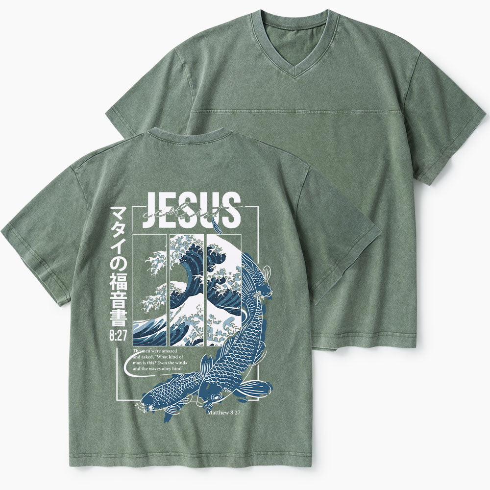 Even The Winds And The Waves Obey Him Christian Washed V-Neck T-Shirt