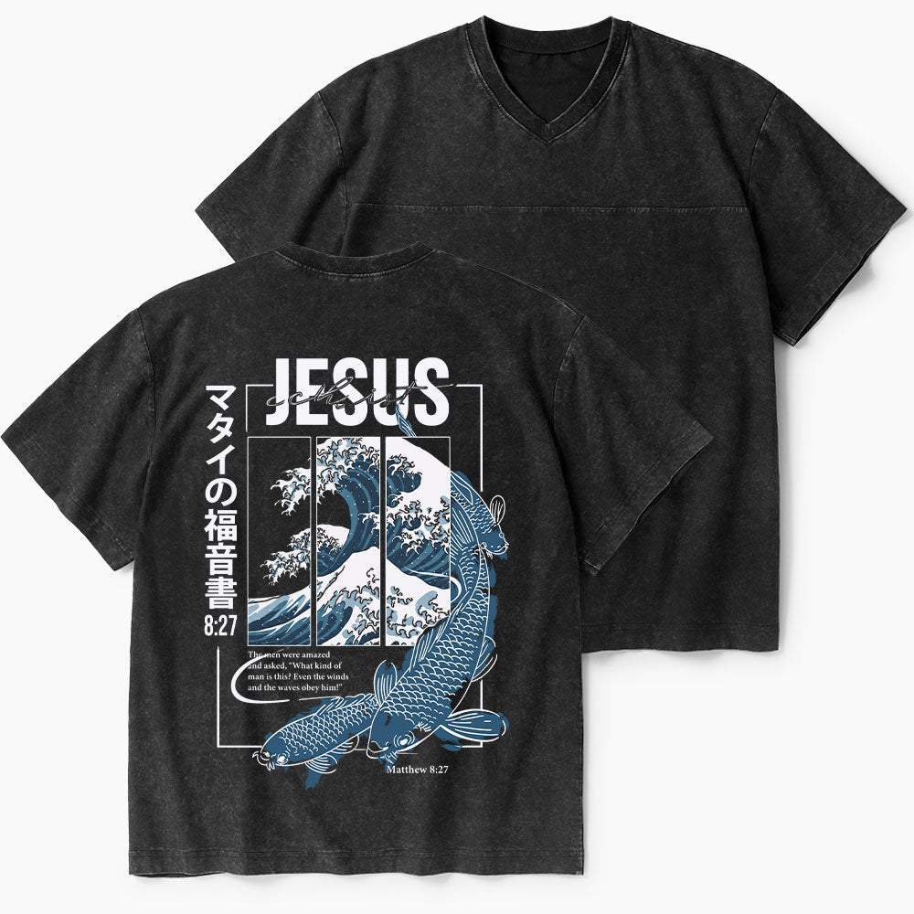 Even The Winds And The Waves Obey Him Christian Washed V-Neck T-Shirt