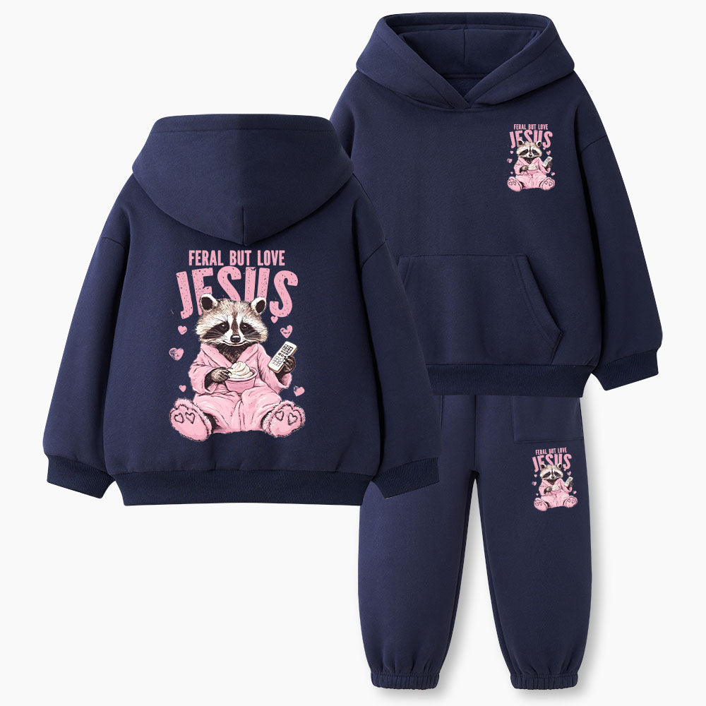 Feral But Love Jesus Christian Kid Fleece Hoodie Set