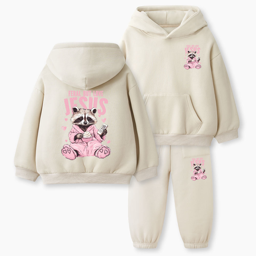 Feral But Love Jesus Christian Kid Fleece Hoodie Set