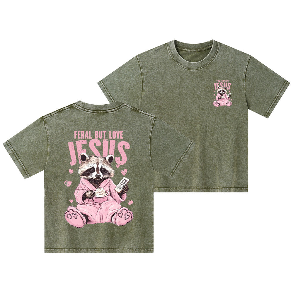 Feral But Love Jesus Christian Kid Washed T-Shirt
