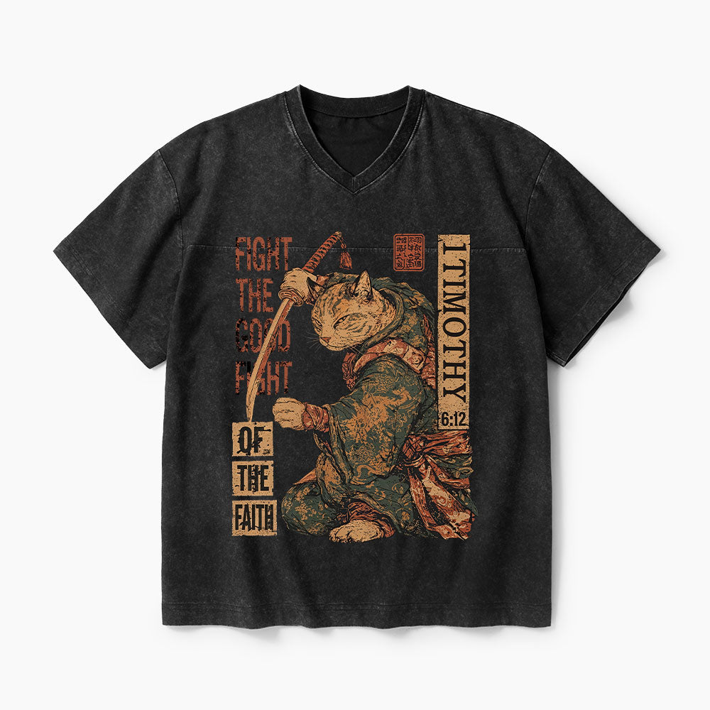 Fight The Good Fight Of The Faith Christian Washed V-Neck T-Shirt
